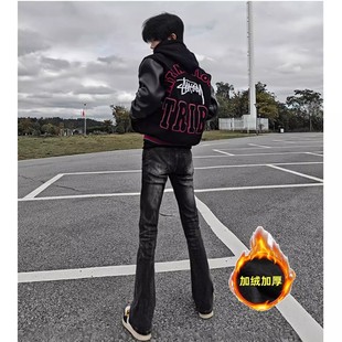 美式高街vibe闪电纹微喇黑灰牛仔裤男秋冬季加绒修身弹力显腿长裤
