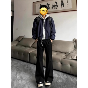 怪兽实验室黑色弯刀牛仔裤男秋冬加绒高个子加长直筒显瘦微喇裤子