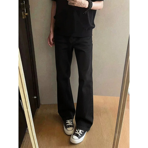 黑色cleanfi微喇牛仔裤男秋冬美式高街vibe直筒裤修身显瘦弯刀裤