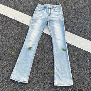 男潮 牛仔裤 美式 高街517cleanfit风重磅水洗猫须冰蓝微喇弹力修身