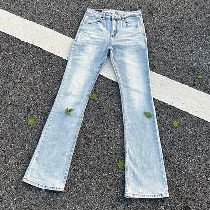 美式高街517cleanfit风重磅水洗猫须冰蓝微喇弹力修身牛仔裤男潮