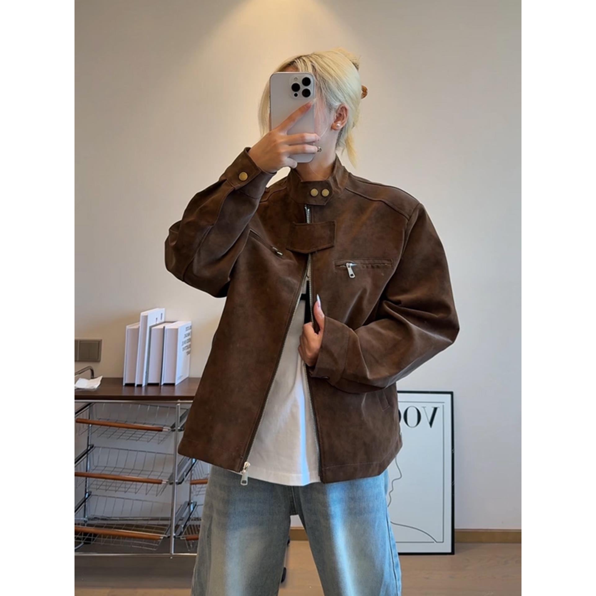 vintage棕色皮衣外套男款美拉德