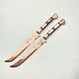 英吉沙银子刀柄筷子刀牛排刀大马士革手工锻打大师签名款新疆小刀