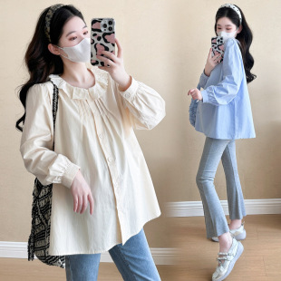 时尚 韩版 长袖 2025春季 上衣衬衫 孕妇装 花边甜美宽松娃娃衫 春秋 新款