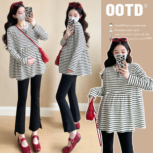 韩版 上衣2025新款 时尚 条纹甜美纯棉长袖 孕妇装 T恤宽松娃娃衫 春季