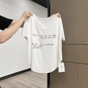 T恤女纯棉夏季 休闲风字母创意大U领短袖 慵懒风宽松显瘦 孕妇装 夏季