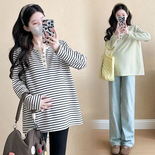 长袖 孕妇装 宽松大码 韩版 V领条纹减龄休闲孕妇上衣服 T恤女春秋新款