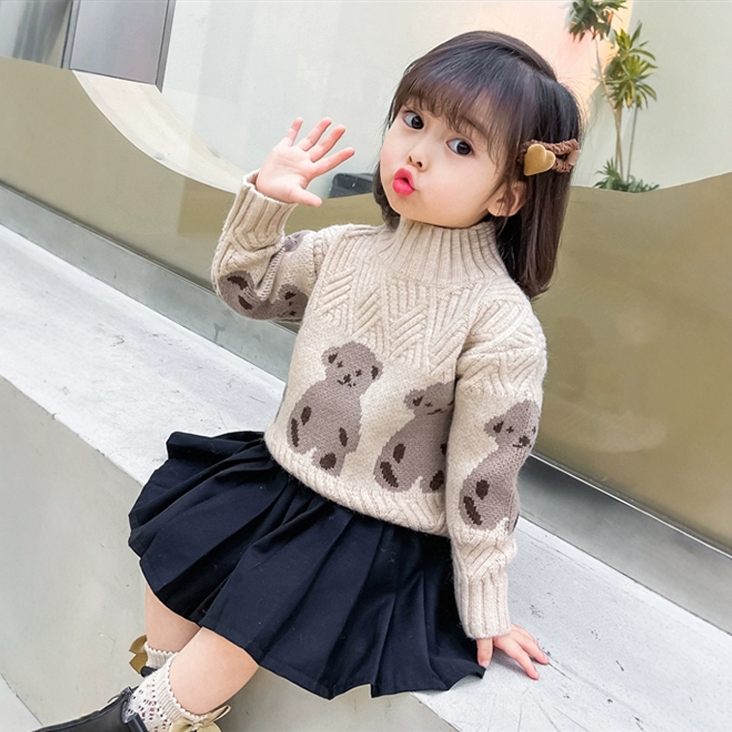 女童毛衣加绒加厚秋冬半高领上衣