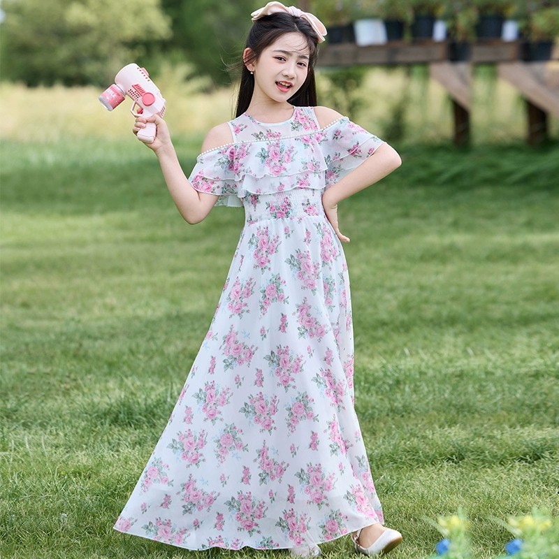 女童雪纺连衣裙夏季2026新款儿童碎花沙滩裙夏天小女孩露肩公主裙