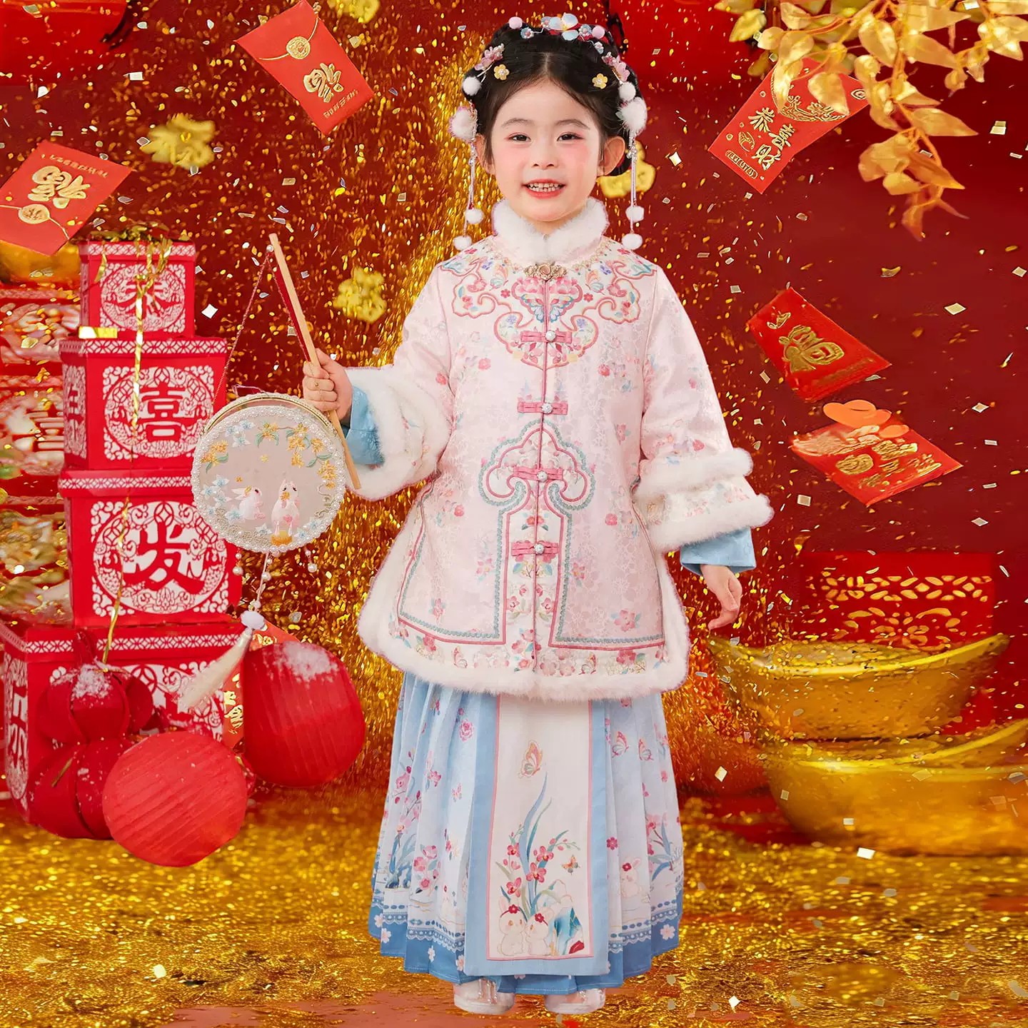 汉服女童冬装2026新款儿童新中式国风马面裙套装女孩格格服拜年服