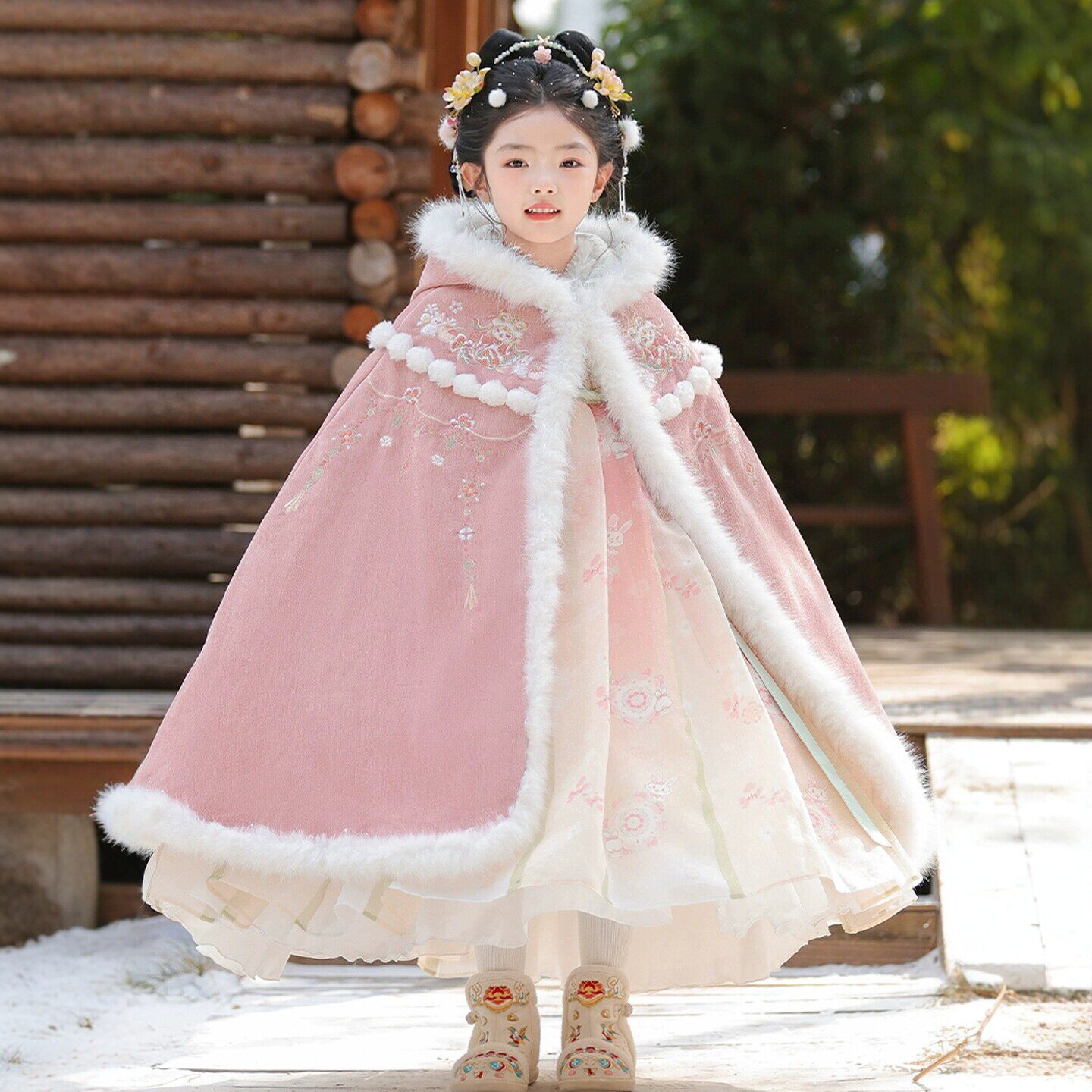 汉服女童冬季加绒连衣裙加厚斗篷