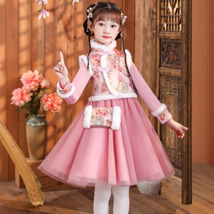 女童旗袍连衣裙冬季2026新款女孩加绒汉服冬款儿童超仙国风公主裙