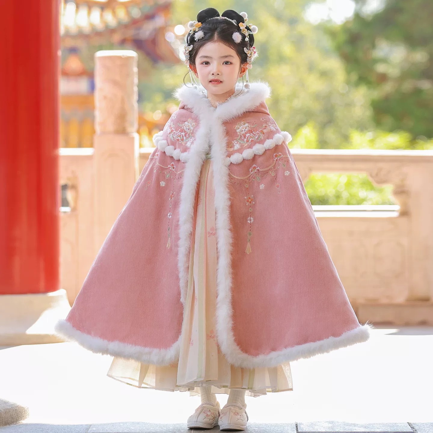 女童披风斗篷秋冬儿童中国风冬季加厚保暖中长款汉服连帽披肩外套