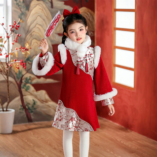 女童旗袍冬季2025新款儿童加绒加厚国风汉服连衣裙女孩喜庆拜年服