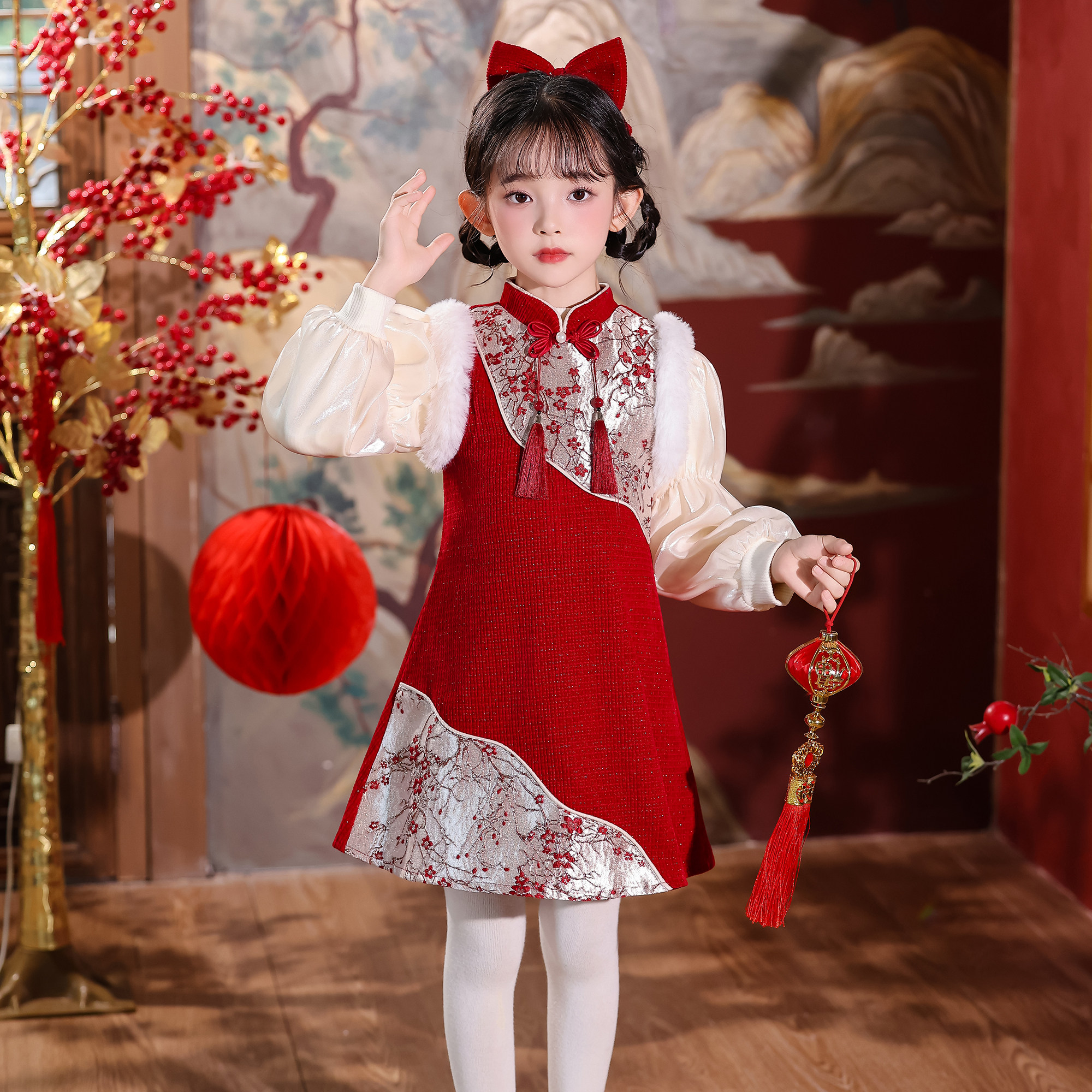 女童汉服连衣裙套装秋冬2026新款儿童国风拜年服旗袍裙宝宝公主裙