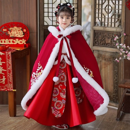 女童汉服斗篷冬季加厚保暖红披风