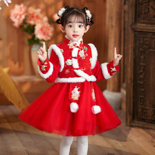 汉服女童过年拜年服2026新款儿童国风唐装女孩加绒旗袍新年装冬装