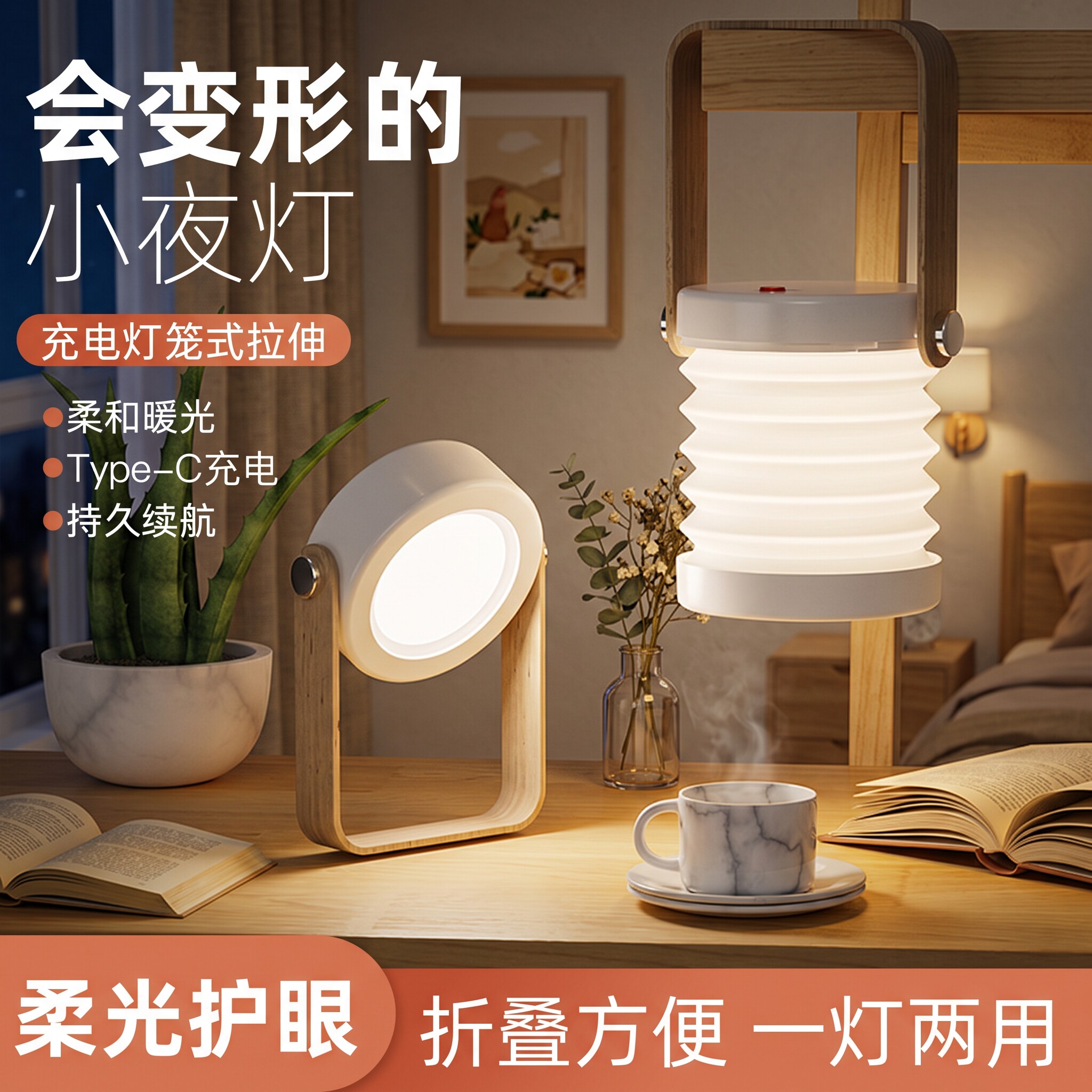 新款灯笼led灯迷你小夜灯手提伸缩折叠卧室床头usb充电阅读台灯
