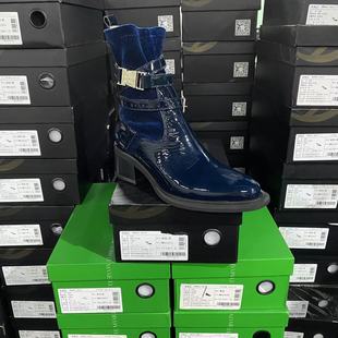 美国设计师买手高奢品牌N牛皮拼接绑带法式 粗跟切尔西靴4082蓝色