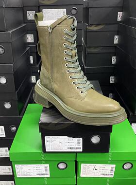 美国设计师买手高奢品牌N牛皮羊皮厚底侧拉链系带短靴4081军绿色