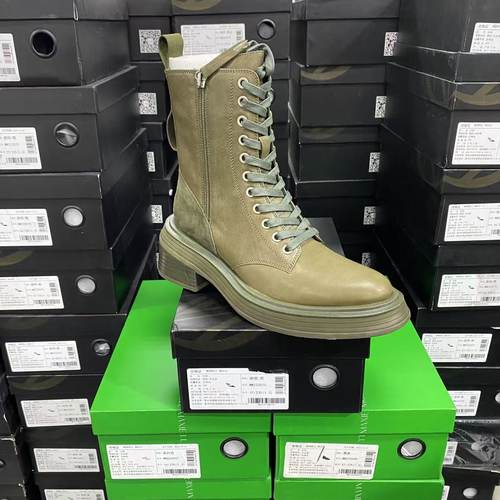 美国设计师买手高奢品牌N牛皮羊皮厚底侧拉链系带短靴4081军绿色