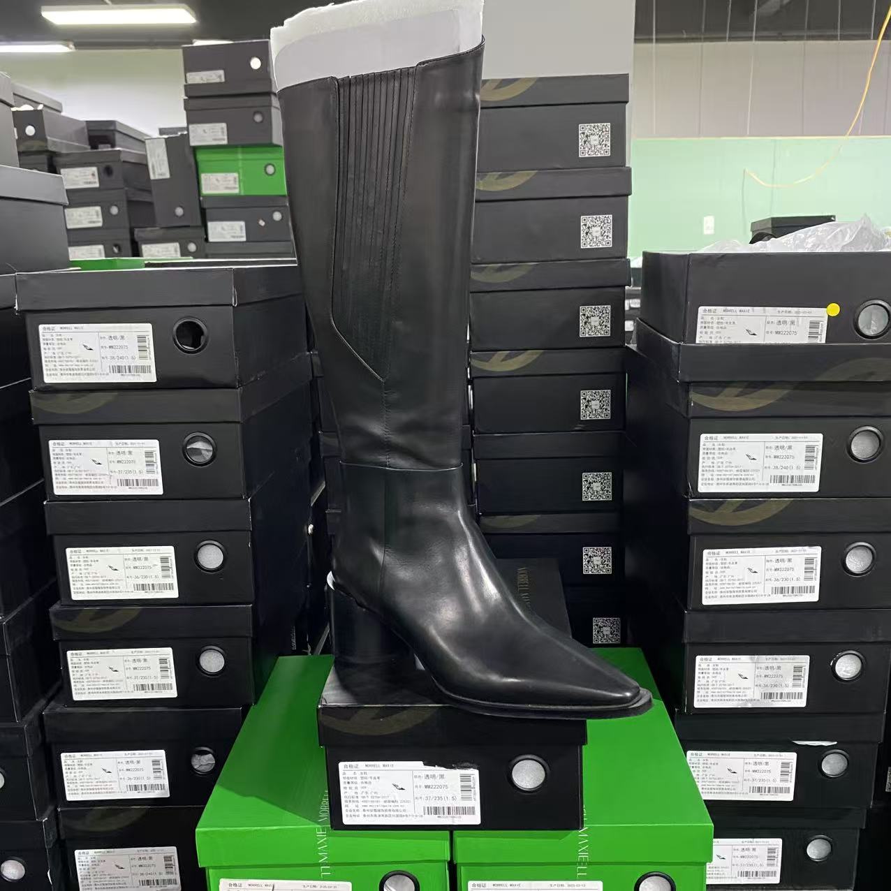 美国设计师买手高奢品牌O牛皮法式松紧口后拉链粗跟长靴4014黑色