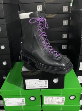 美国设计师买手高奢品牌牛皮紫绑带松紧拼接短靴4056黑色