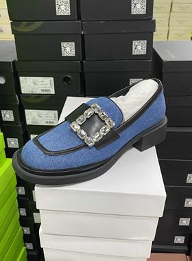 意大利轻奢专柜正品E方钻扣牛皮单鞋2393牛仔蓝