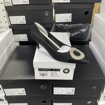 实体专柜意大利设计师轻奢品牌H尖头圆钻扣冰丝牛皮单鞋3088黑色