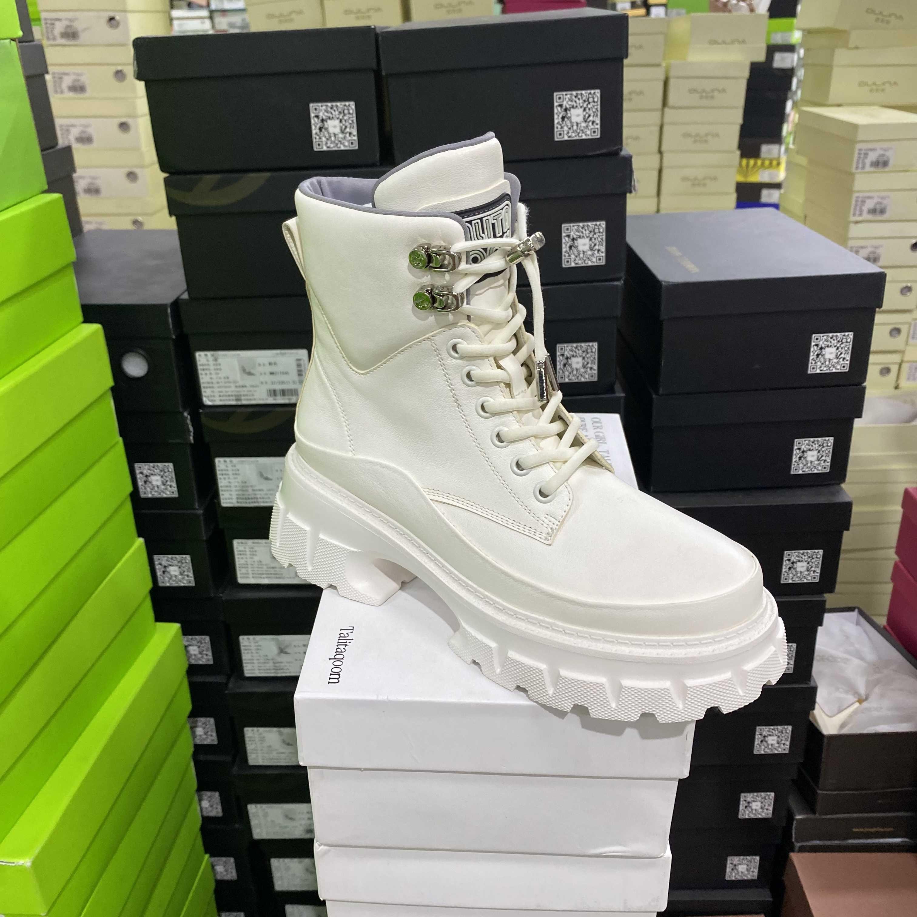 意大利轻奢专柜正品E牛皮压线圆头厚底通勤百搭高帮女靴9802白色
