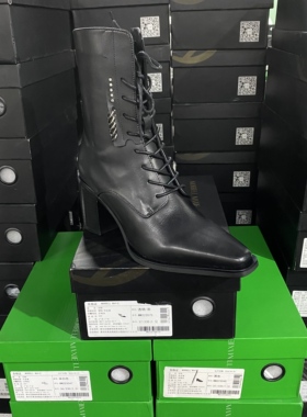 美国设计师买手高奢品牌Q牛皮方头方跟金属环系带女短靴4124黑色