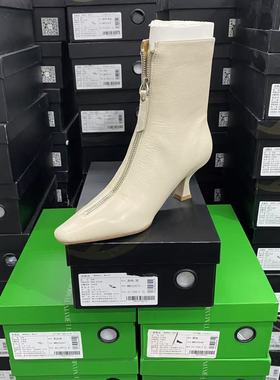 美国设计师买手高奢品牌Q牛皮欧美风前拉链小方头短靴4033米色