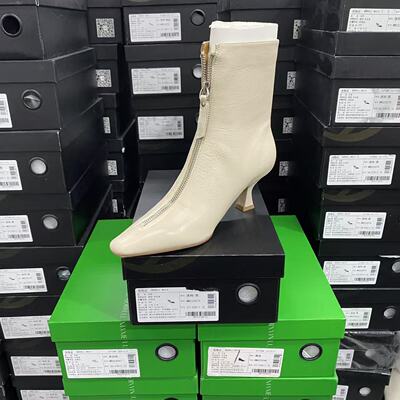 美国设计师买手高奢品牌Q牛皮欧美风前拉链小方头短靴4033米色