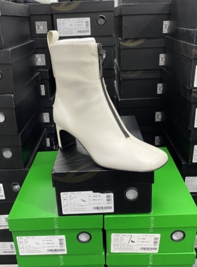 美国设计师买手高奢品牌牛皮方头方根简约百搭女短靴4034米白色
