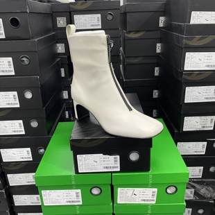 美国设计师买手高奢品牌牛皮方头方根简约百搭女短靴4034米白色