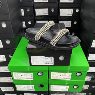 美国设计师买手高奢品牌J羊皮水钻一字带平底露趾凉鞋 2133黑色