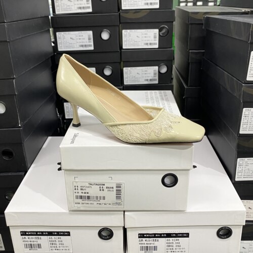 意大利轻奢专柜正品牛皮蕾丝细跟方头高跟鞋性感春新款6007米白色