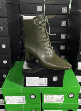 美国设计师买手高奢品牌J牛皮法式侧拉链方跟系带短靴4010军绿色