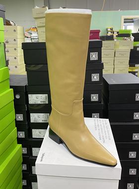 意大利轻奢专柜正品牛皮尖头长靴一脚蹬套筒6596杏黄色（单里）