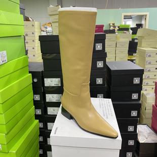 单里 意大利轻奢专柜正品 牛皮尖头长靴一脚蹬套筒6596杏黄色