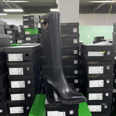 美国设计师买手高奢品牌牛羊皮尖头粗高跟长筒靴气质长靴4115黑色