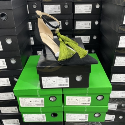 美国设计师买手高奢品牌G时尚中式风包头羊皮/织物女鞋黑/绿2155