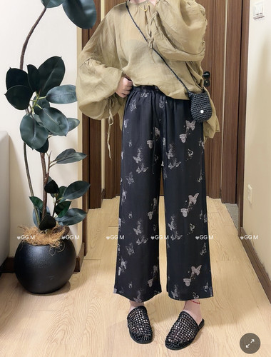 十米田2872夏季气质松紧腰蝴蝶亚麻直筒裤女百搭凉凉休闲裤九分裤