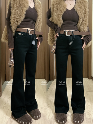 古米3832加绒牛仔裤女冬2025黑色微喇裤高腰四面弹显瘦喇叭裤拖地