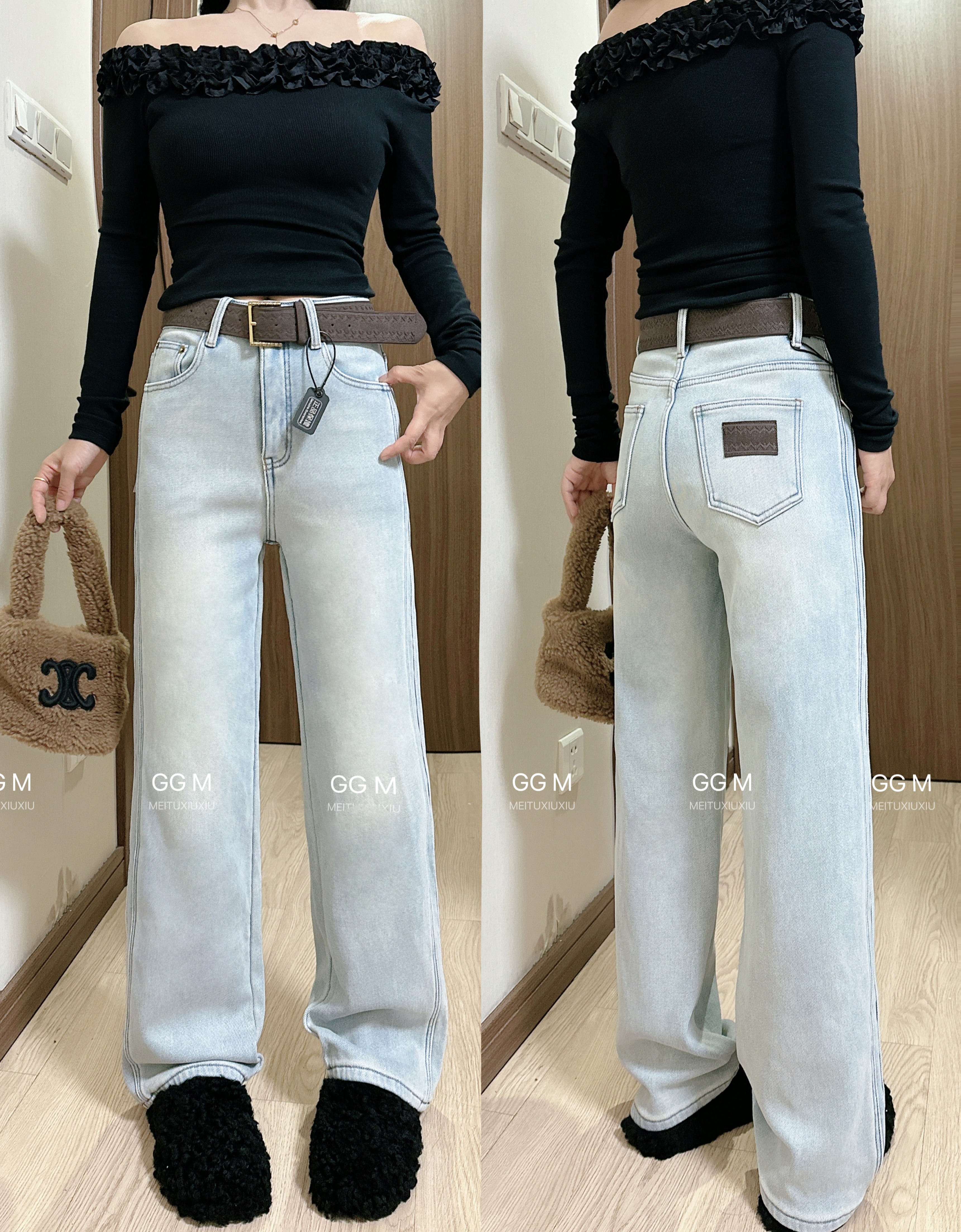 柒月J037蓝色直筒加绒牛仔裤女2025年新款冬季高腰显瘦窄窄拖地裤