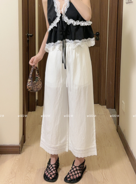 十米田99100白色阔腿裤女刺绣花边拼接天丝亚麻裤2026夏九分直筒