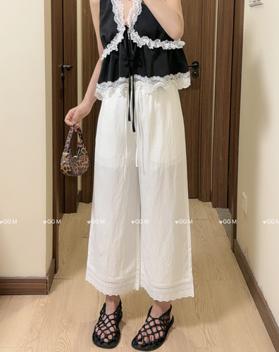 十米田99100白色阔腿裤女刺绣花边拼接天丝亚麻裤2026夏九分直筒