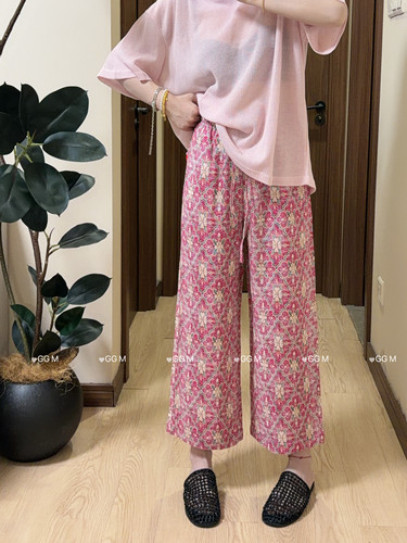 十米田2871粉色印花九分女夏2026新款垂感显瘦休闲亚麻阔腿直筒裤