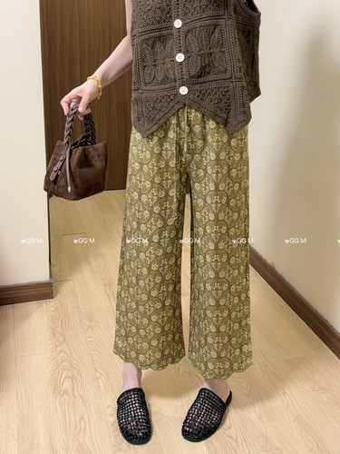 十米田2859夏季气质松紧腰提花亚麻直筒裤女时尚百搭休闲裤九分裤