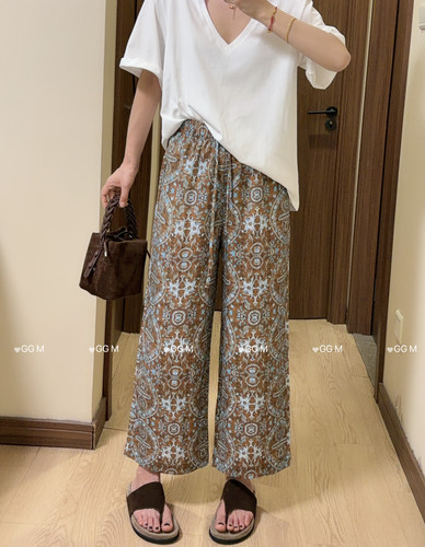 十米田2857夏季气质松紧腰提花亚麻直筒裤女时尚百搭休闲裤九分裤